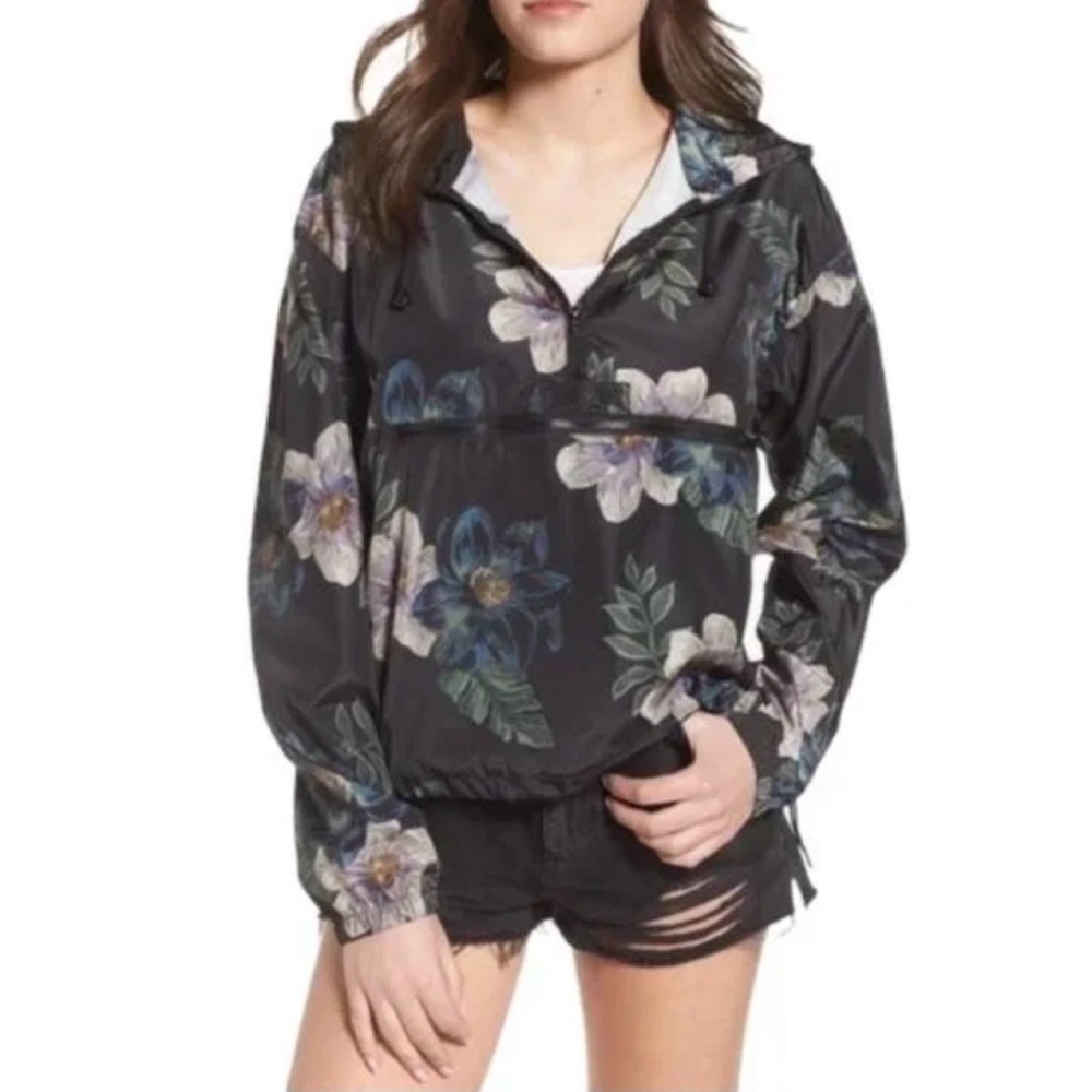 Thread & Supply Black Floral Printed Half Zip Hooded Windbreaker Jacket Sz S